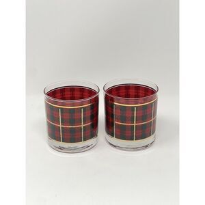 Vintage Crowning Touch Red Green Scottish Tartan Plaid Lowball Glasses Set Of 2
